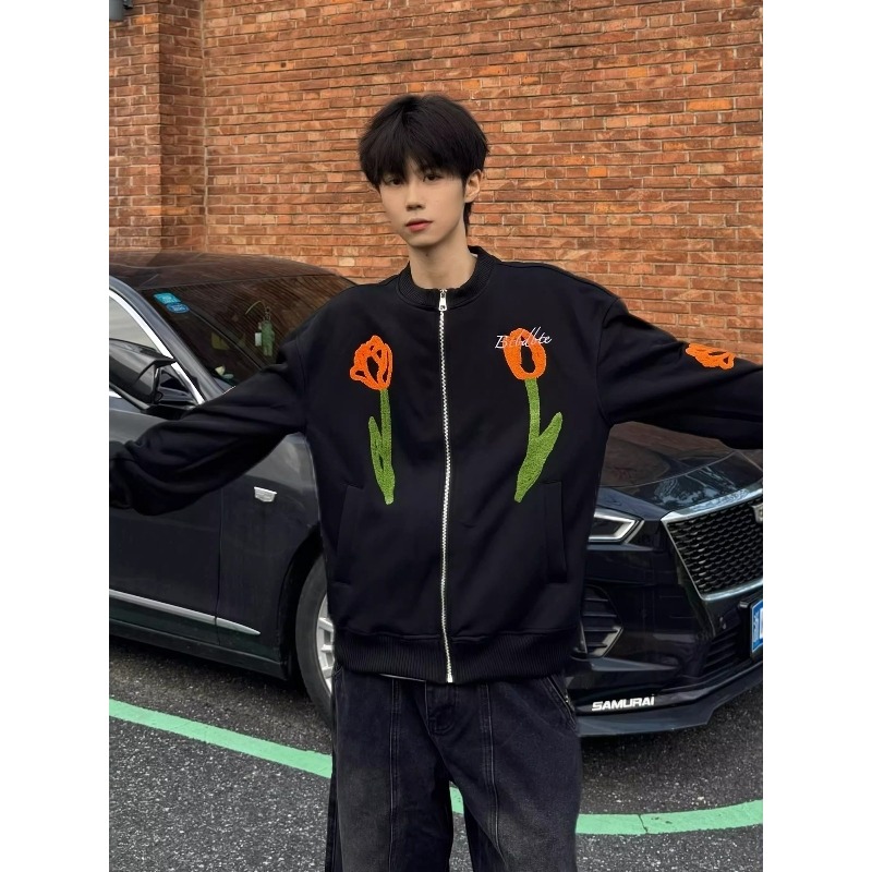 网图美式植绒刺绣棒球服夹克外套男郁金香花卉上衣男B1021-特P66，男装夹克，星座1007（原301D）