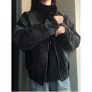 网图扎染羊羔绒外套男冬加绒加厚机车皮衣立领棒球夹克MY25特P80图片