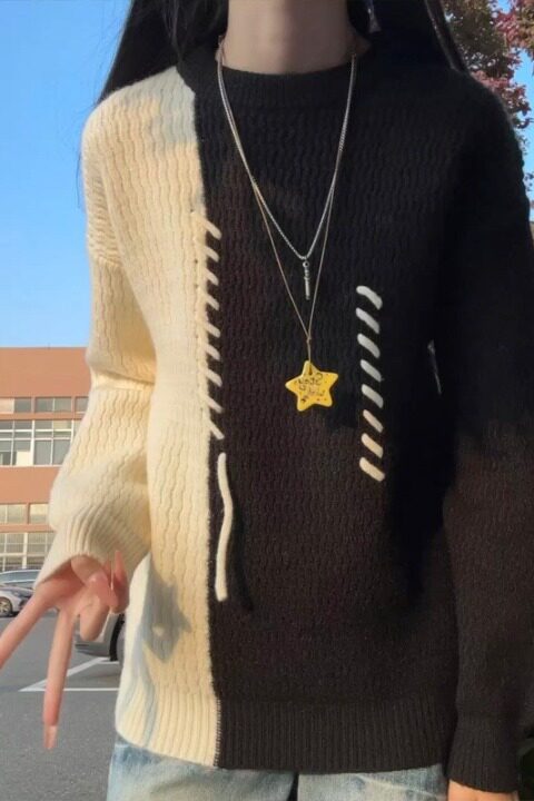 网图红色拼接毛衣男秋冬圆领撞色针织衫美式毛线衣MY3099-特P60,男装针织衫/毛衣,星座1007（原301D）