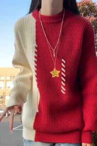 网图红色拼接毛衣男秋冬圆领撞色针织衫美式毛线衣MY3099-特P60图片