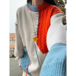 绿色拼接毛衣男秋冬圆领套头针织衫美式复古毛线衣YY102-特P45图片