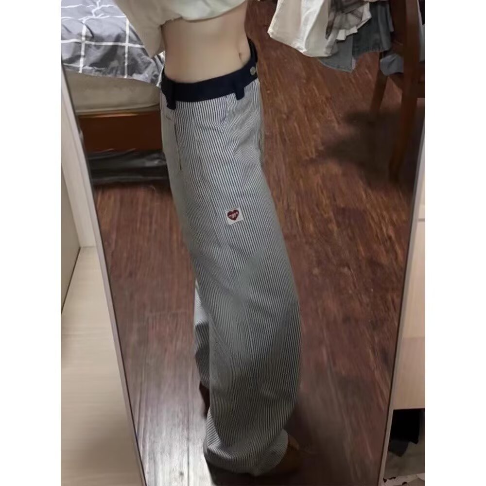 女生刺绣爱心休闲裤百搭宽松直筒条纹宽松长裤RK308-特P45，女装休闲裤，星座1007（原301D）