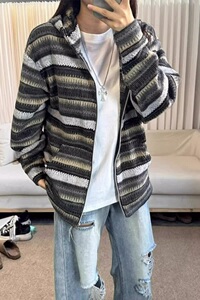 网图日系条纹秋季新款卫衣男毛呢宽松系休闲帽衫外套RW304-特P55图片