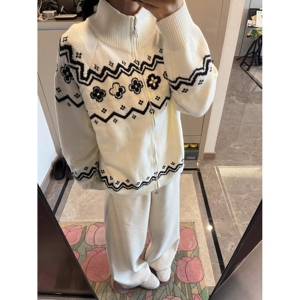 春秋复古加绒毛衣女日系针织开衫新款提花慵懒风百搭宽松外穿上衣图片