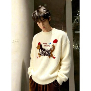 网图杏色腊肠狗刺绣仿马海毛毛衣男秋冬季打底针织衫YM448-特P50图片