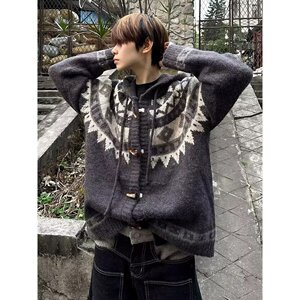 网图美式牛角扣开衫毛衣男情侣松弛针织衫外套潮X062-特P60图片