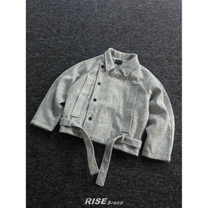 中古风立领羊毛夹克男双排扣绑带短款毛呢外套TB1052-特P85图片