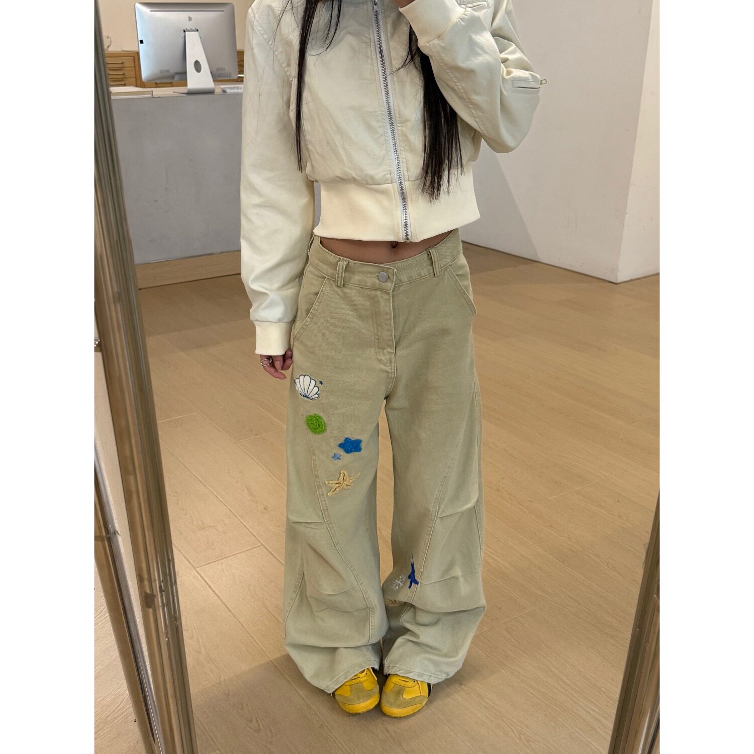网图海星贝壳刺绣阔腿工装裤直筒宽松休闲长裤子MB3103-特P56,女装休闲裤,星座1007（原301D）