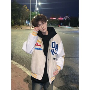 网图植绒刺绣棒球服皮袖夹克外套男女春秋新款宽松上衣NA501特P65图片