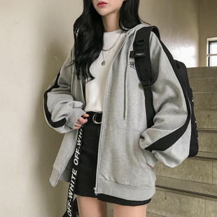拉链刺绣字母外套拼色装原宿风加绒连帽卫衣2022新款韩版秋冬女