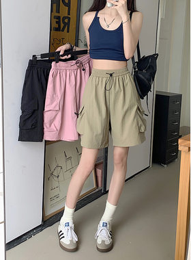个性班服夏新款韩版新松紧腰抽绳宽松休闲短裤设计感百搭工装子女