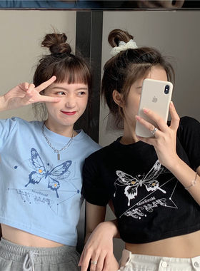 闺蜜姐妹装短款短袖t恤女2024夏季新款韩版潮露脐原宿风学生上衣