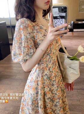 个性夏季新款韩版女装V领碎花连衣裙女学生长款油画裙系列裙子潮T