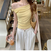 辣妹性感短袖 露肩T恤女装 夏季 个性 设计感不规则斜肩短款 学生上衣t