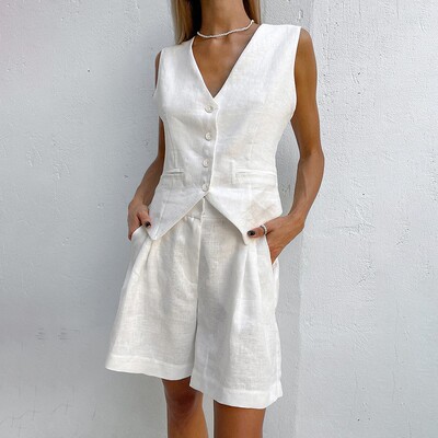 Cotton linen waistcoat suit for women vest shorts set summer