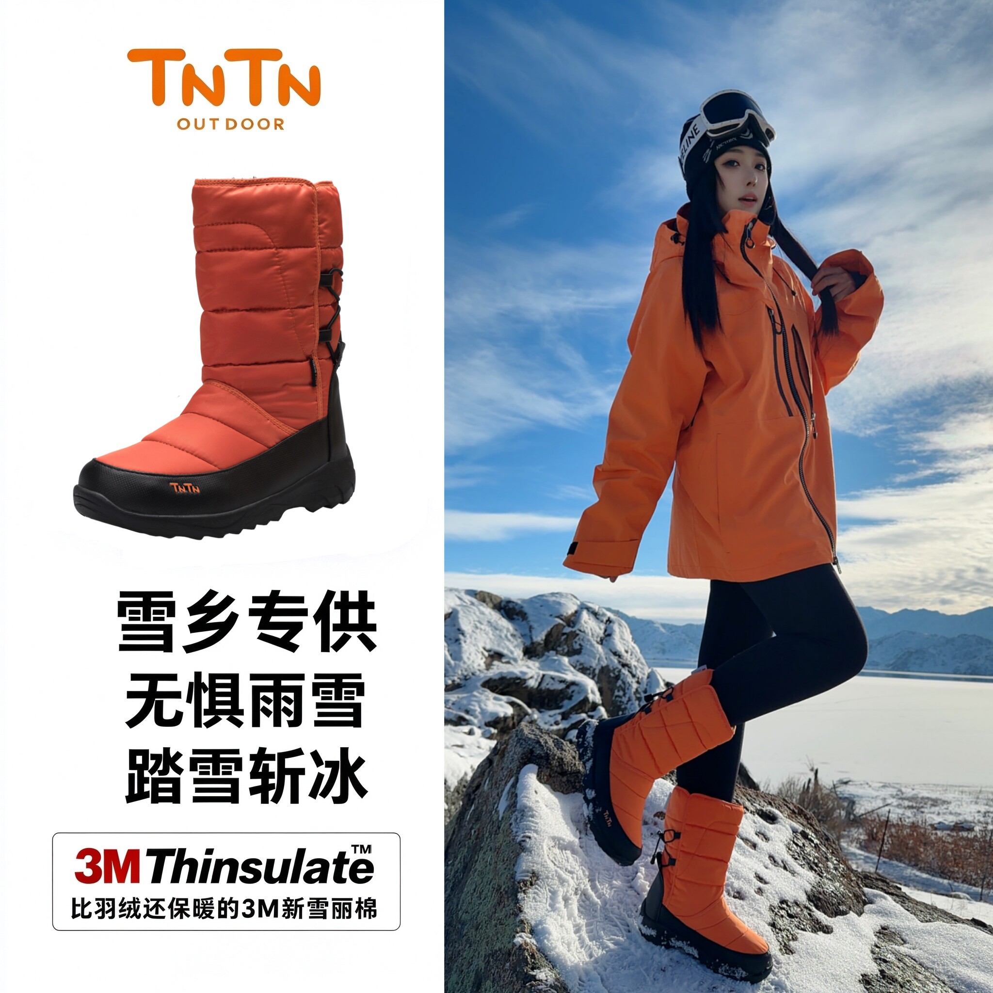TNTN防寒加绒厚底冬季3M新雪丽哈尔滨雪乡东北男女士雪地靴棉鞋子