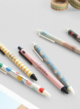 iconic韩国文具小清新时尚印花黑色笔芯油性笔按动伸缩圆珠笔