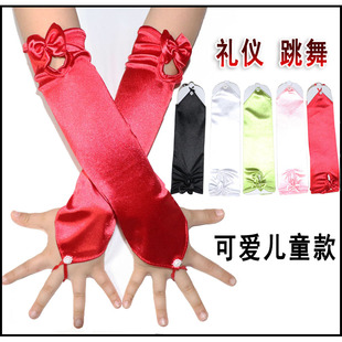 舞蹈手套女童女孩演出礼仪花童蕾丝绸缎面婚纱礼服儿童薄露指半指