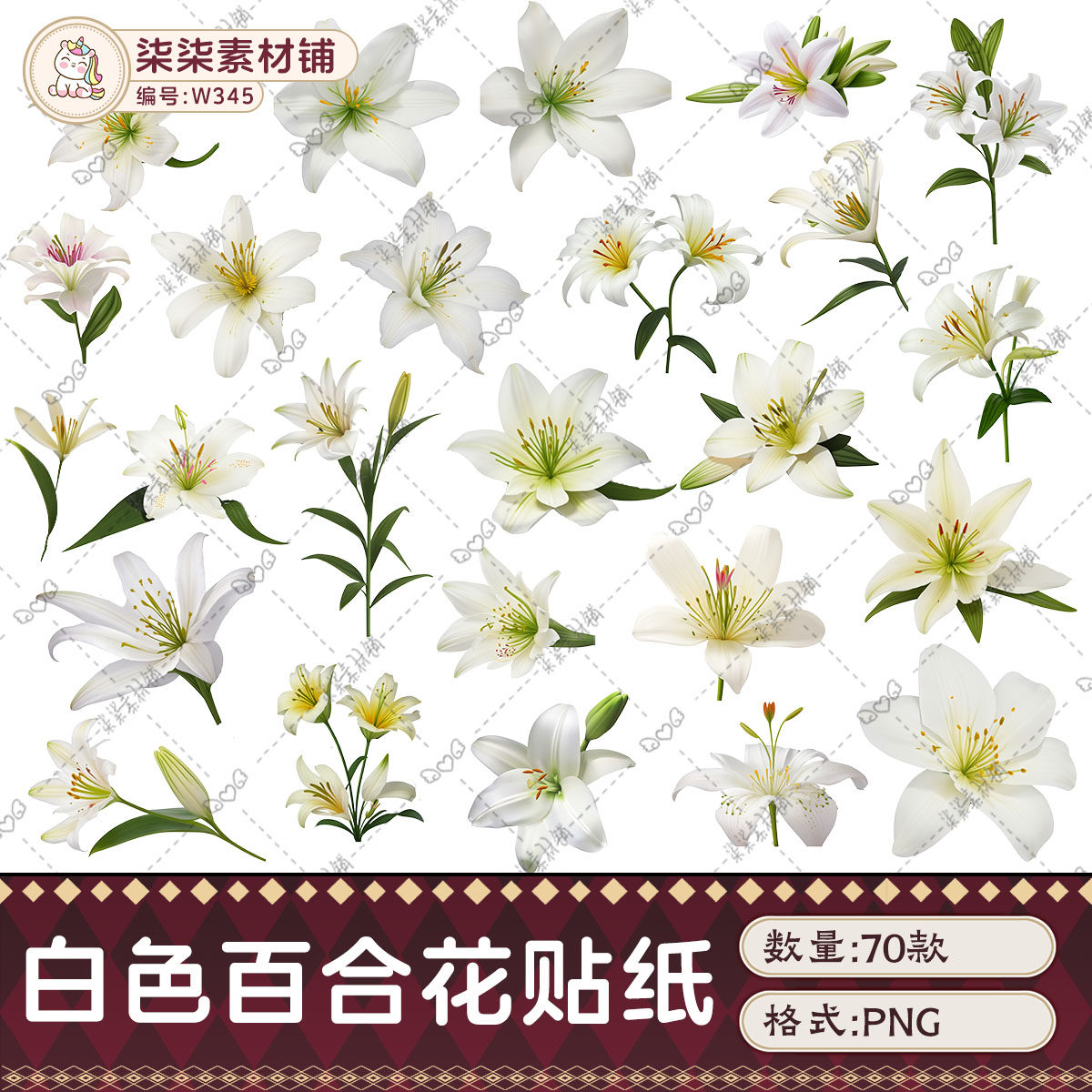 原创可商用清新优雅白色百合花手账装饰海报设计PNG贴纸素材W345