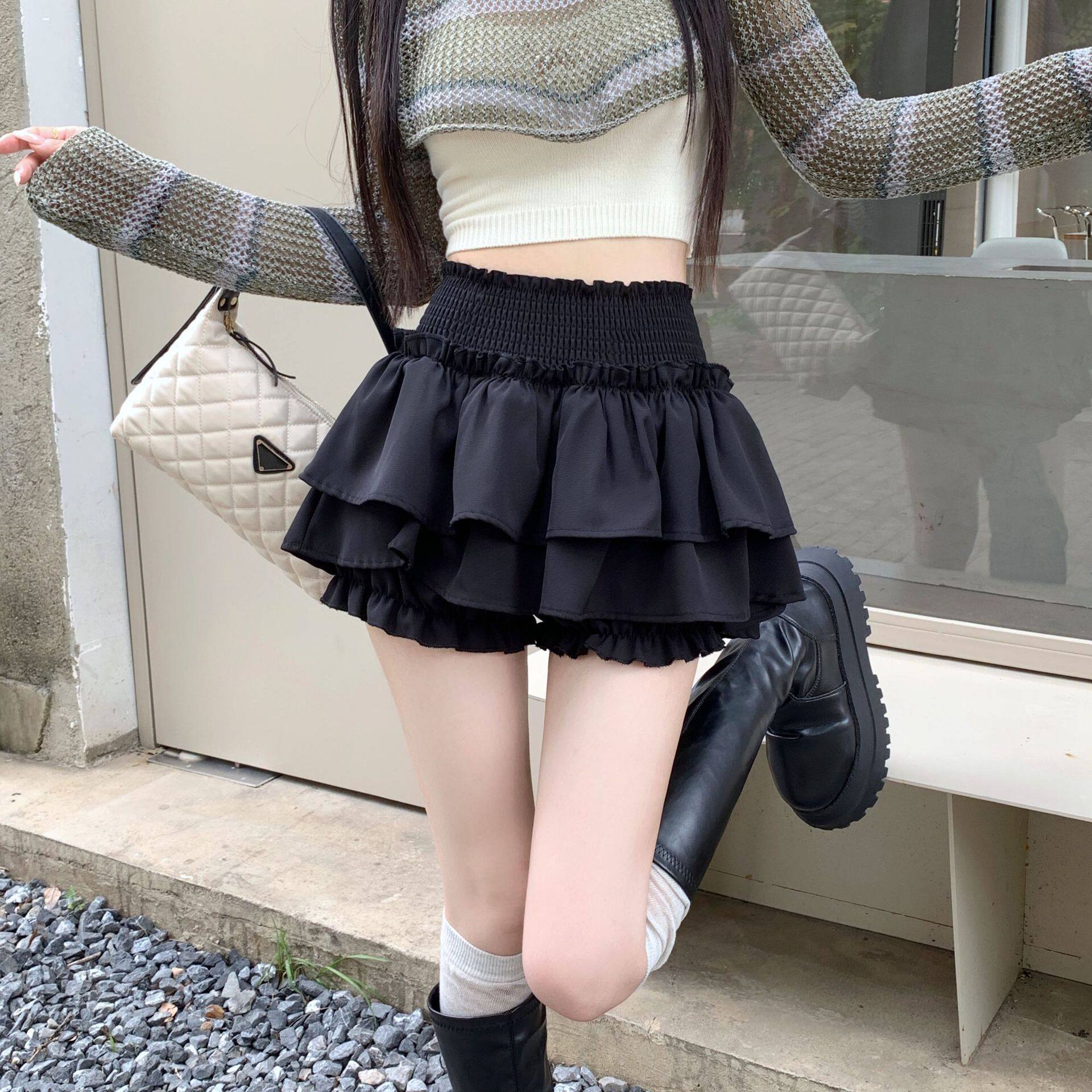 芭蕾风蓬蓬蛋糕裙女春季松紧腰a字花苞短裙裤设计感百褶裙半身裙