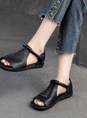 Retro Fish Mouth Flat Leather Sandals for Women鱼嘴皮凉鞋女
