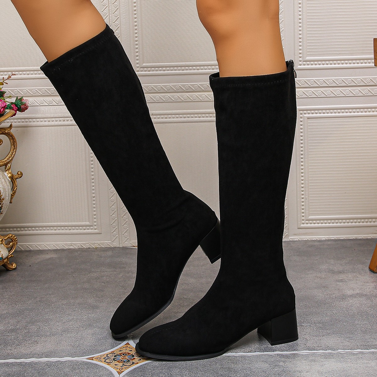 Women's suede boots in plus size长筒靴女大码粗跟瘦瘦靴显瘦