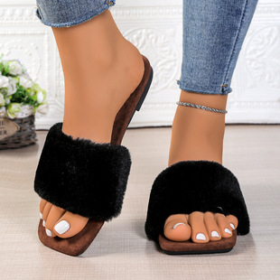 slippers with toe毛毛拖鞋 square hairy bottomed Women flat