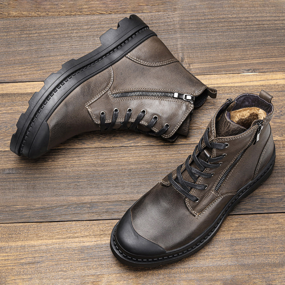 Leather men's casual Martin boots with fleece男士马丁靴牛皮