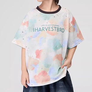 2026夏季新款儿童时尚扎染字母印花短袖男中大童宽松休闲凉感T恤