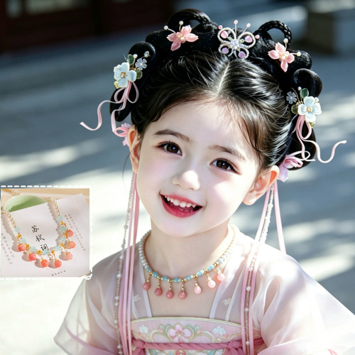 小女孩汉服珍珠璎珞短项链国风粉晶吊坠儿童古装襦裙百搭项圈配饰