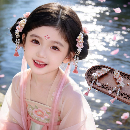 儿童古风发夹粉色汉服头饰超仙流苏发饰女童古装旗袍唐装演出配饰