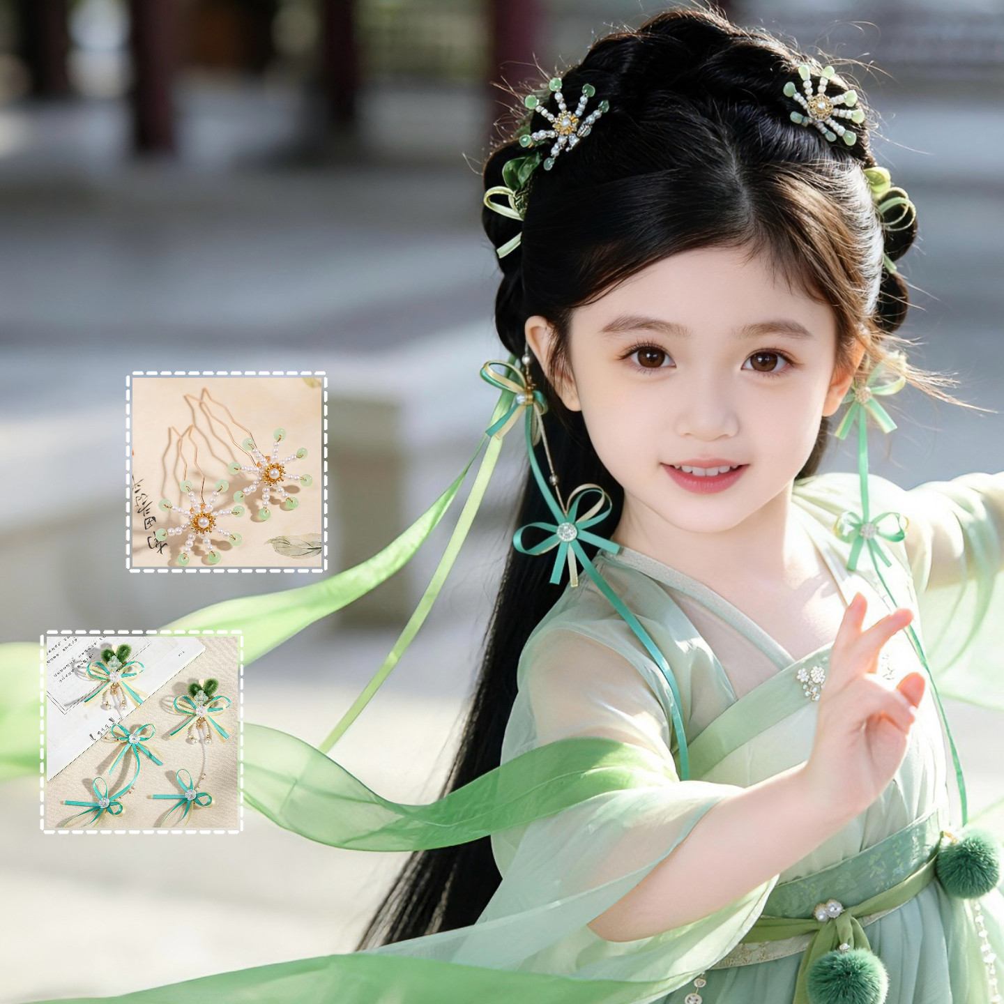 高级感绿色系古风发饰重工珍珠蝴蝶流苏对夹超仙汉服女童日常发夹图片