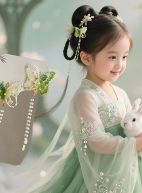 绿色蝴蝶发夹珍珠流苏边夹女童对夹中国风青蝶刺绣蝴蝶头饰古风夹