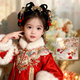 汉服发饰女童红色蝴蝶结毛球发夹发簪套装新年配饰女宝宝过年发饰