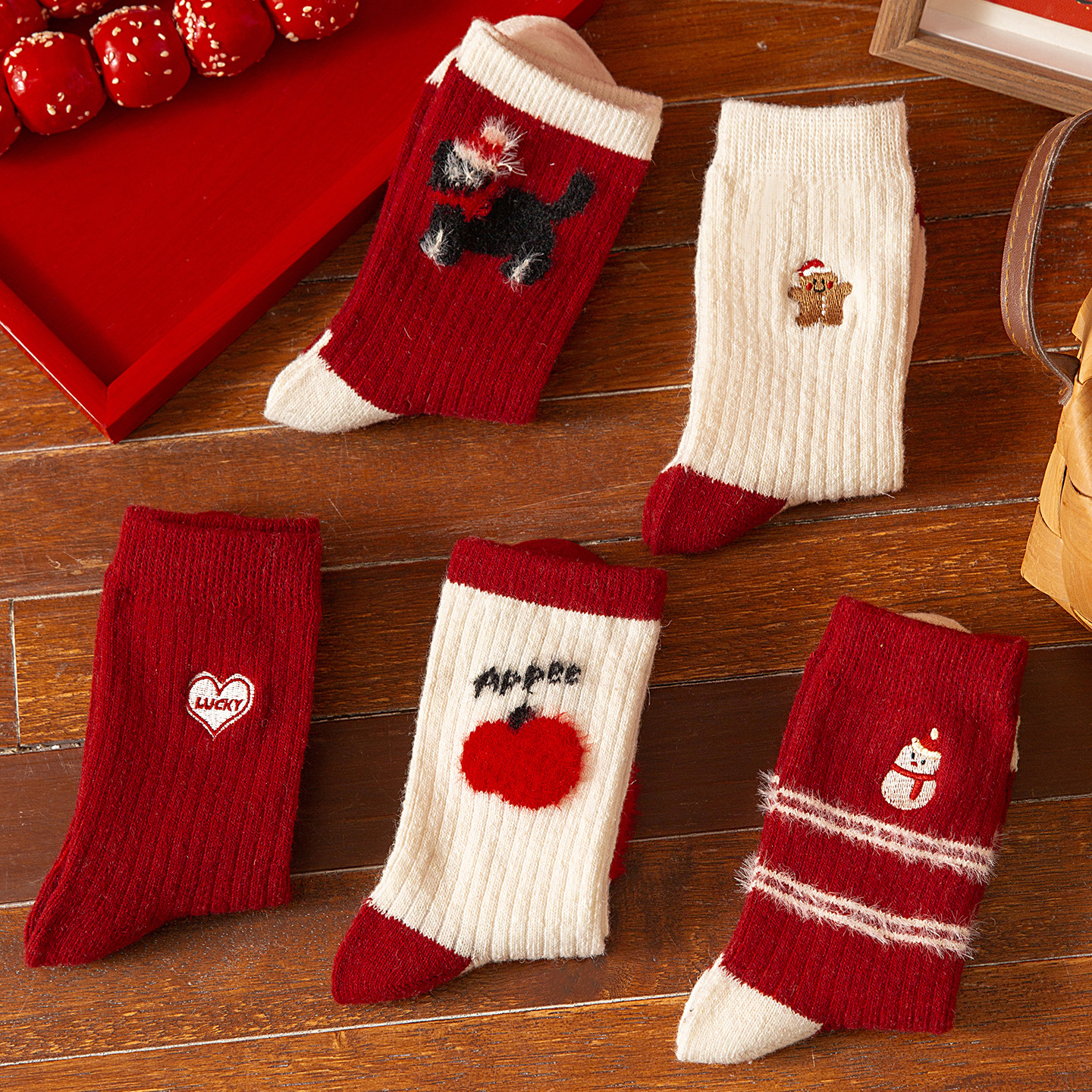 新年红色袜子女本命年秋冬款纯棉蝴蝶结中筒袜圣诞节礼物长筒袜