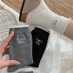 芭蕾风蝴蝶结袜子女夏季miu风刺绣百搭中筒袜花边透气纯棉春秋款