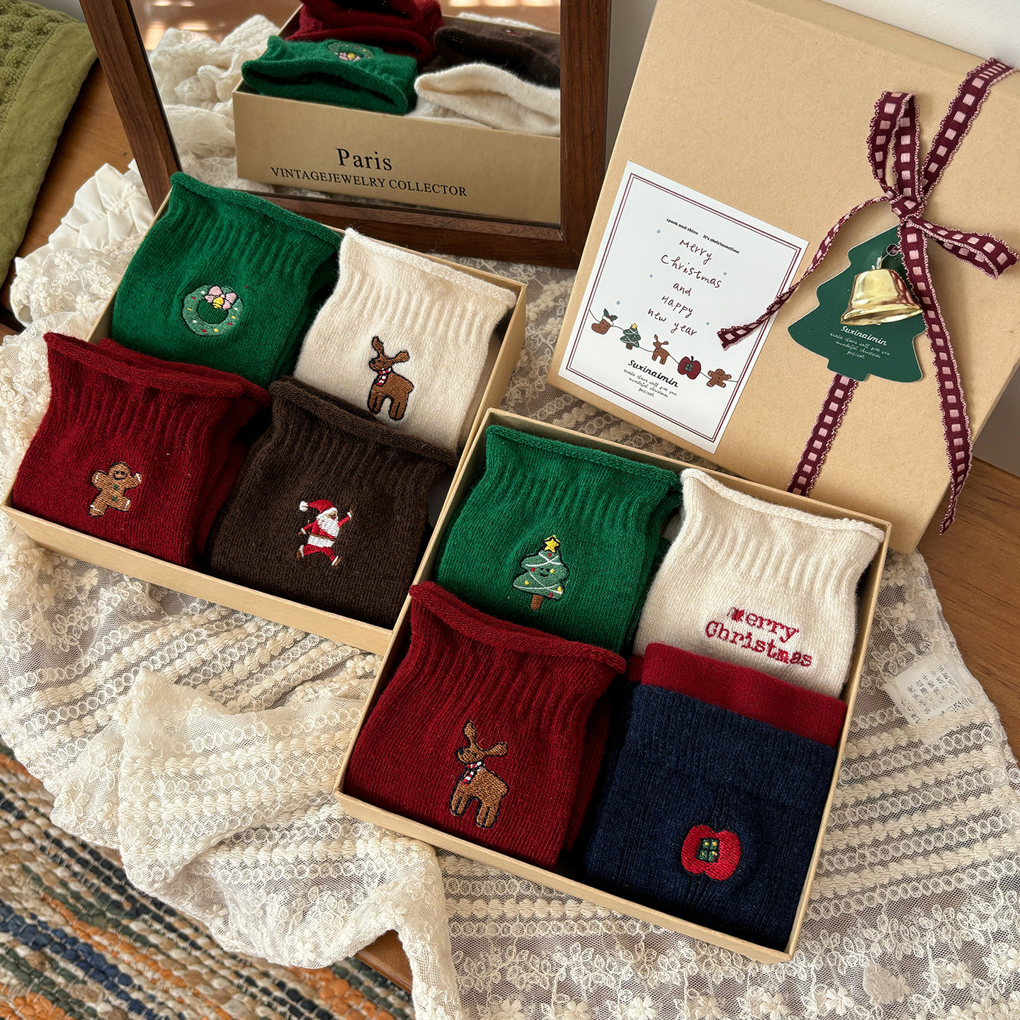 圣诞袜子女礼盒装秋冬季可爱卡通刺绣羊毛中筒袜日系新年堆堆袜冬