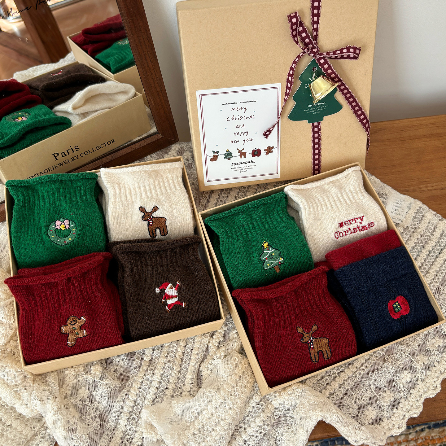 礼盒装圣诞节氛围感袜子女秋冬季中筒袜可爱卡通羊毛堆堆袜冬天