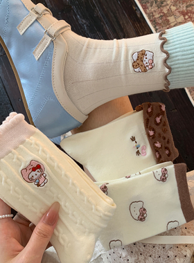 白色花边袜子女可爱kt猫中筒袜ins潮春秋季纯棉日系卡通堆堆袜