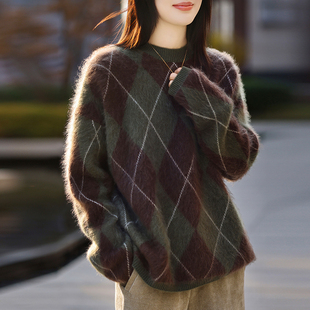 菱形格拼色拉绒羊毛衫女圆领长袖宽松慵懒风毛衣套头大码针织上衣