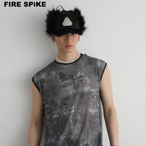 仿牛仔拼接肌理薄纱无袖休闲背心