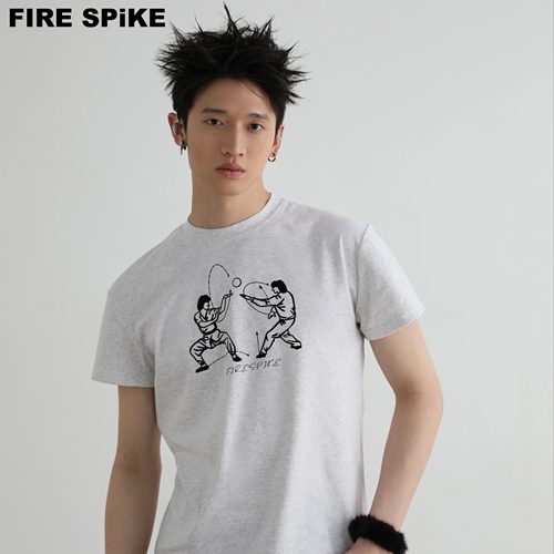 武打植绒图案正肩夏季圆领短袖