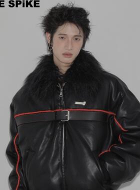 FIRESPIKE火钉原创Rlight拼接皮扣可拆卸毛领皮革休闲棉服