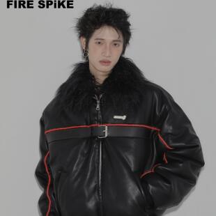 FIRESPIKE火钉原创Rlight拼接皮扣可拆卸毛领皮革休闲棉服