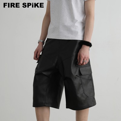 火钉皮质拼接多口袋工装七分裤