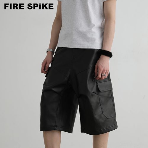 火钉皮质拼接多口袋工装七分裤