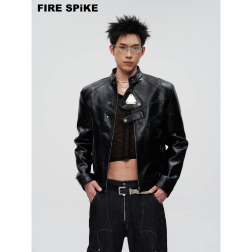 FIRE SPIKE火钉23原创解构拼接未来铁牌肌理休闲阔型垫肩男女皮衣