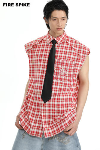 FIRESPIKE火钉24原创街头刺绣口袋拼接毛边垫肩无袖廓形红格衬衫