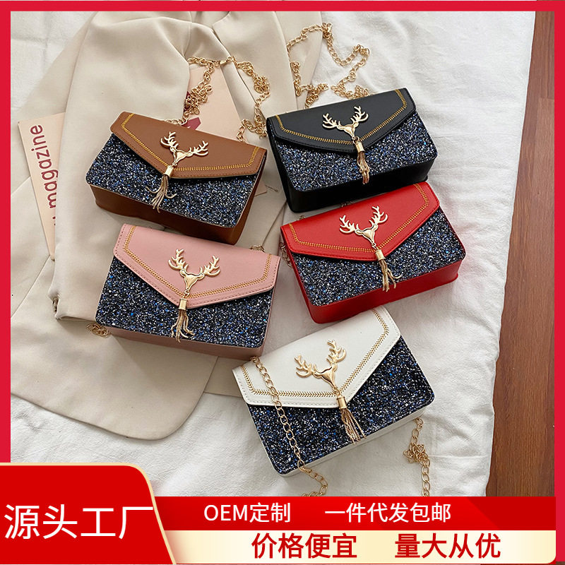 2022新款时尚荧光女包简约五金流苏小方包单肩斜挎包潮流链条小包