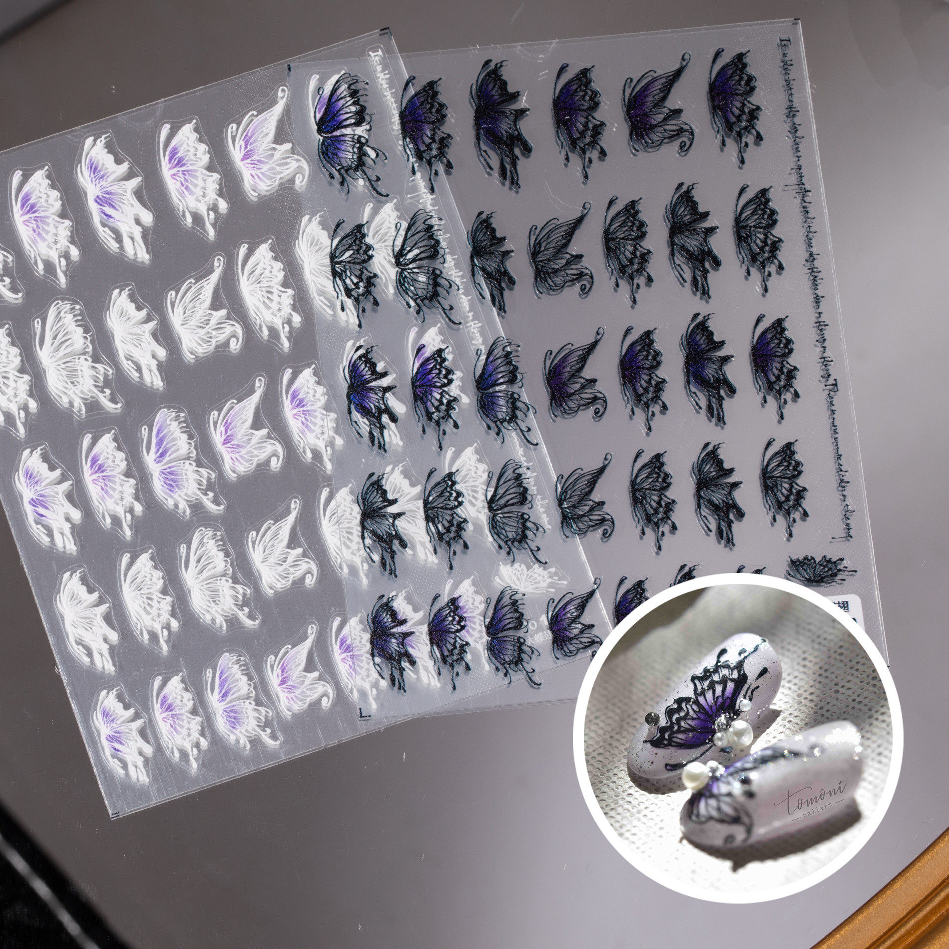液态大蝴蝶美甲贴纸tomoni黑白色灵动液态镂空镭射烫金银指甲贴片